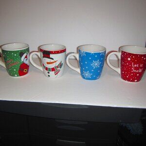 Set of 4 Large Christmas Mugs Cups, 12 oz